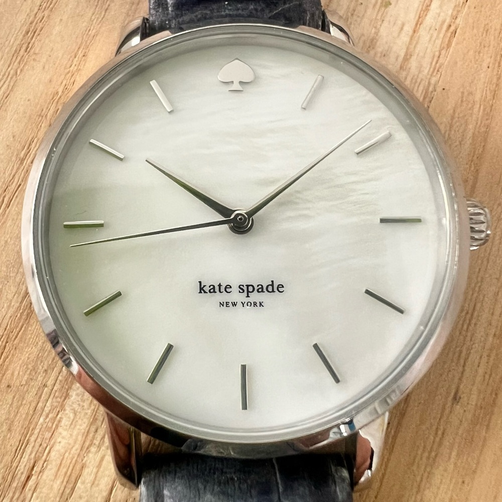 Kate spade ladies metro silver tone blue leather dress watch NEW BATTERY